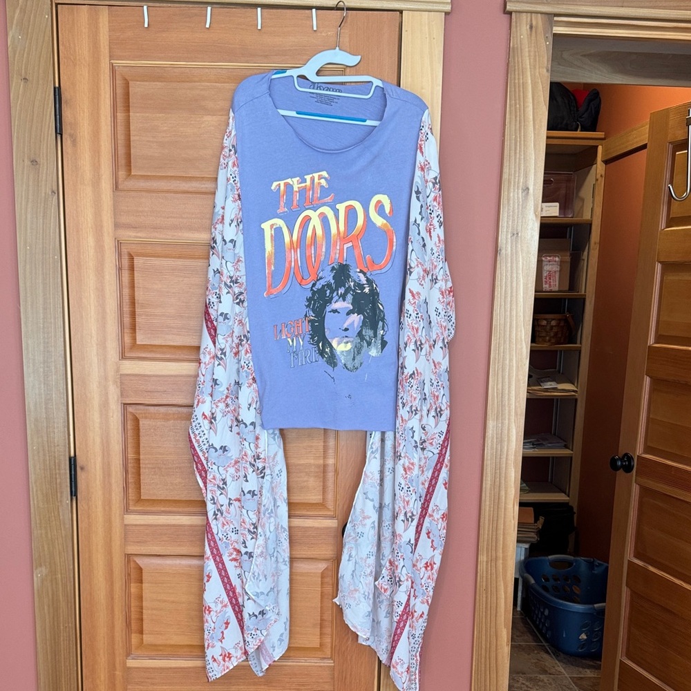 The Doors Graphic Lavender Top with Floral Sleeves
